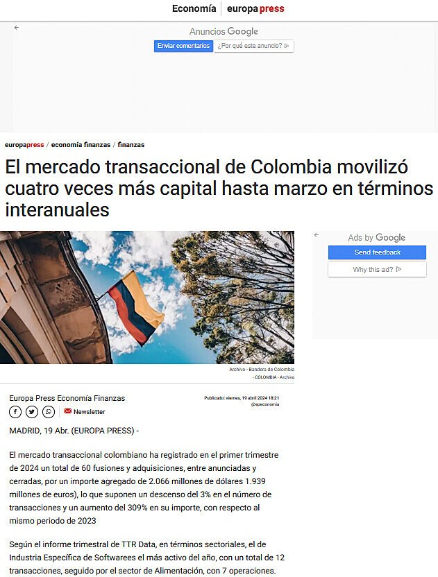 El mercado transaccional de Colombia moviliz cuatro veces ms capital hasta marzo en trminos interanuales